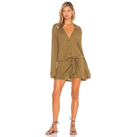 FREE PEOPLE X REVOLVE LIVELY GREEN VNECK TIE WAIST RIBBED BEACH ROMPER SMALL - Picture 1 of 7